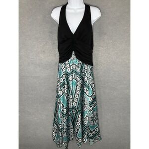 Dressbarn Halter Dress Teal Black Geometric Sleeveless Casual Dress Travel Sz 16